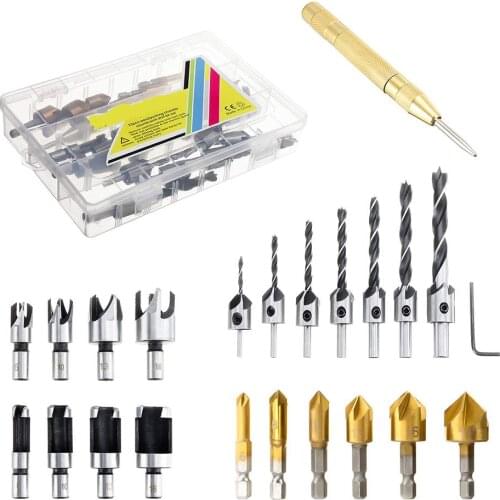 23pcs Woodworking Chamfering Countersunk Drill Bit Set 5 Flute Chamfering Drill Wood Plug Cutter Automatic Center Punch Drill