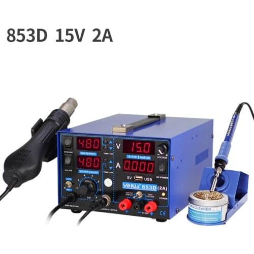 YIHUA 853D Rework Soldering Station 3 in 1 Hot Air Gun Soldering Iron USB Output 15V 2A DC Power Supply New Welding Stations
