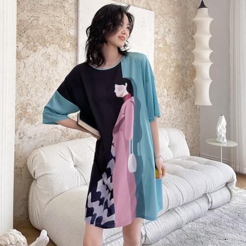 New Sexy Cute Cartoon Nightdress Pajamas For Women Summer Satin Large Version Round Neck Dressing Gowns Lady Home Dress Nightie