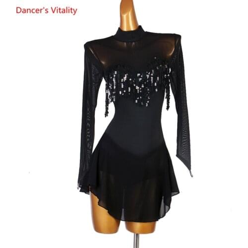 Latin Dance Dress Tulle Sequins Skirt Long Sleeves Practice Clothes High-End Custom Female Adult Child Performance Clothing