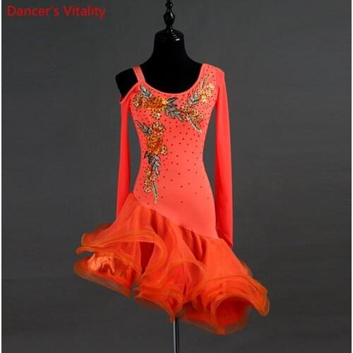 Latin Dance Dress Senior Embroidery Diamonds Irregular Fishbone Gauze Dresses Women Latin Ballroom Dance Performance Costumes