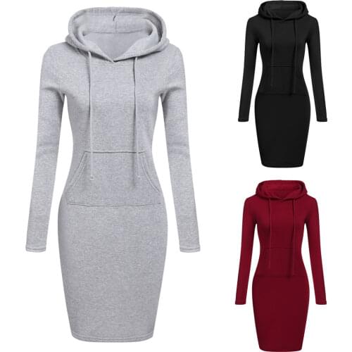 Autumn Winter Warm Sweatshirt Long-sleeved Dress Woman Clothing Hooded Collar Pocket Simple Casual lady Dress Vesdies Sweatshirt