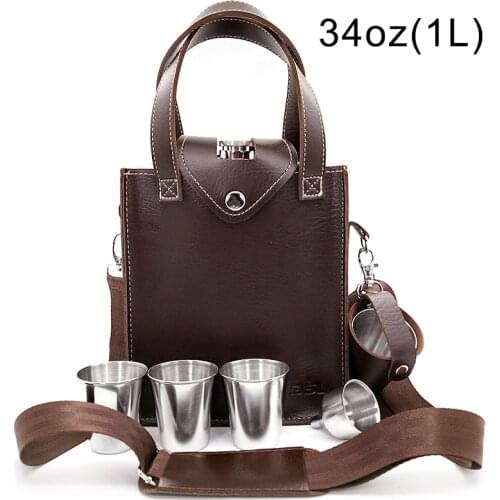 34oz 1L 304 Stainless Steel Hip Flask Thick Leather Portable Alcohol Whiskey Wine Bottle Outdoor Liquor Drink Container