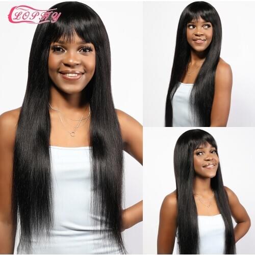 Straight Human Hair Wigs With Bangs Brazilian Full Machine Made Wig With Bangs Pre Plucked Remy Long Human Hair Wigs For Women