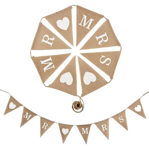 Wedding Burlap Bunting Banner Flags Mr Mrs Heart Burlap Triangular Banners Photography Party Garland Tent Decor