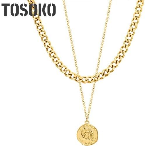 TOSOKO Stainless Steel Jewelry Retro Head Irregular Round Tag Pendant Double Layered Necklace Female Hip Hop Link Chain BSP905