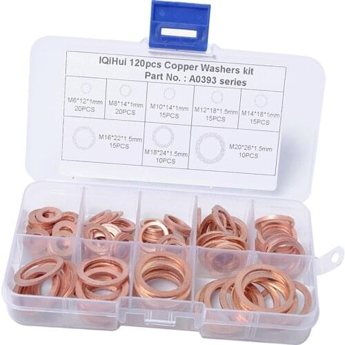 Top Quality Copper Washer, 120 Pcs Flat Ring Brass Gaskets 8 Types Assortment Kit