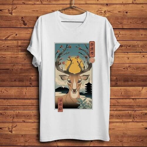 Japna retro Ukiyoe Nara deer Spring funny tshirt men summer new white casual short t shirt unisex Ukiyo streetwear tee