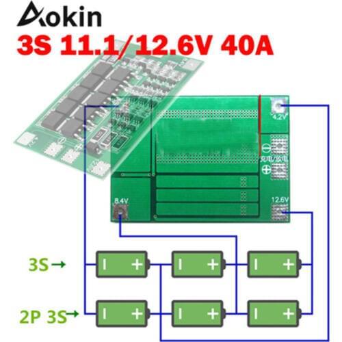 Aokin 3S 40A BMS 11.1V 12.6V 18650 Lithium Battery Protection Board with Enhance/Balanced Version For Drill 40A current Diy Kit