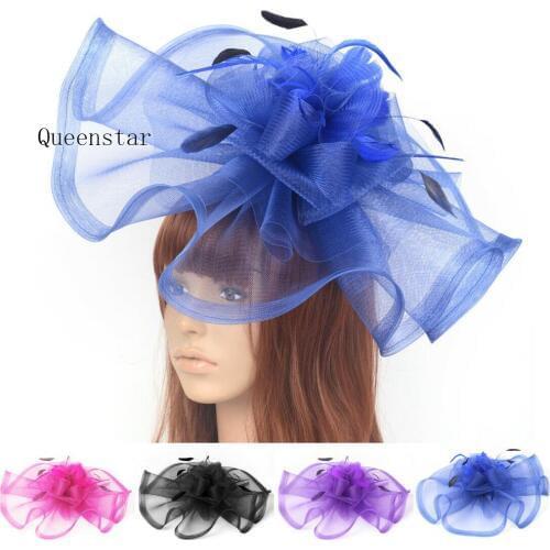 Large Blue Purple Feather Fascinator Hat Wedding Mesh Headwear Hair Clip Women Elegant Fancy Show Cocktail Party Headpiece 2019
