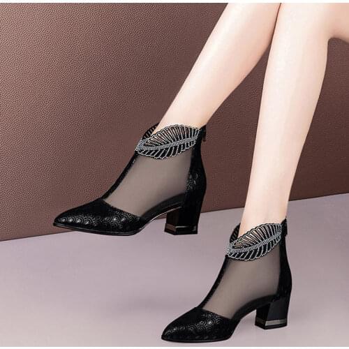 Women High Heeled Sandals Boots Pointed Toe Thick Heel Gladiator Buckle Mesh Ankle Boot Black Spring/Autumn Shoes for Woman