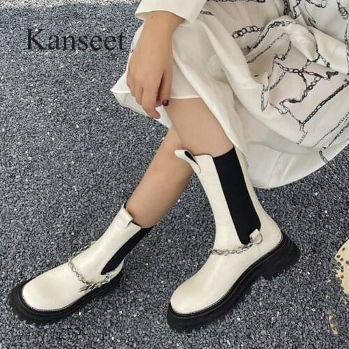 Kanseet 2021 New Mid-Calf Boots Women Autumn Winter Cow Leather Chain Decoration Handmade Round Toe Chunky Heels Shoes Beige 40