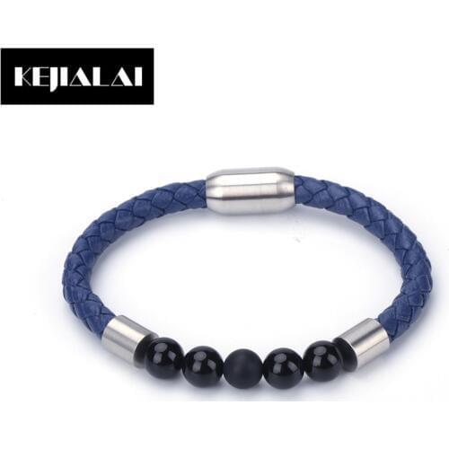 Punk Style Women Wristband Nature Stone Bead Charm Bracelet Blue Sheepskin Leather Stainless Steel Magnetic Clasp Fashion Bangle