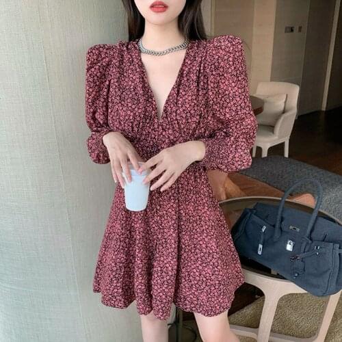 Vintage Style Autumn Woman Dress Long Sleeve Print Puff Sleeve Fashion Female Clothing V-neck Short Dresses for Women New