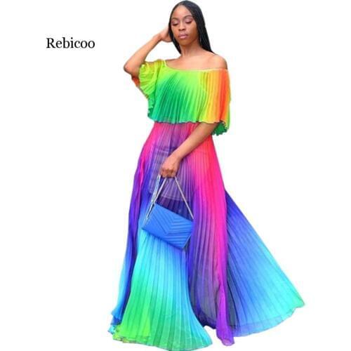 Rebicoo Ruffle Chiffon Women Summer Beach Dress Boho Rainbow Tie Dye Print Big Swing Strapless Pleated Long Midi Maxi Dress