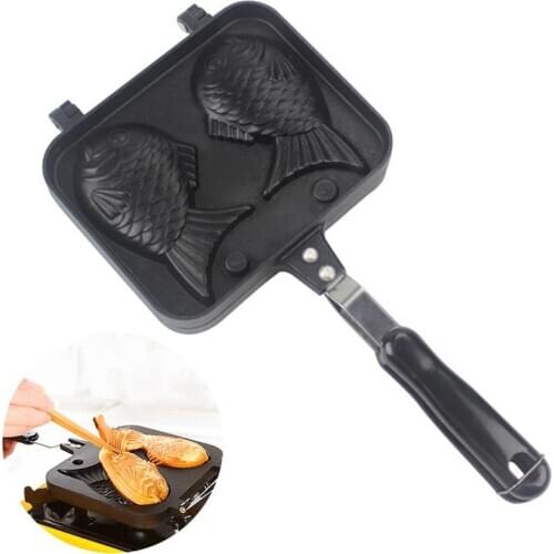 Kapmore 1pc Waffle Mold Pan Creative Double Fish Shape Mold Non-Stick Long Handle Waffle Maker Pan Cake Pan DIY Baking Tools