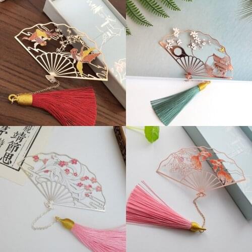1pc Ancient Folding Fan Tassel Metal Bookmark Chinese Style Cute Cat Pattern Cosplay Prop Decor Student Stationery Boy Girl Gift