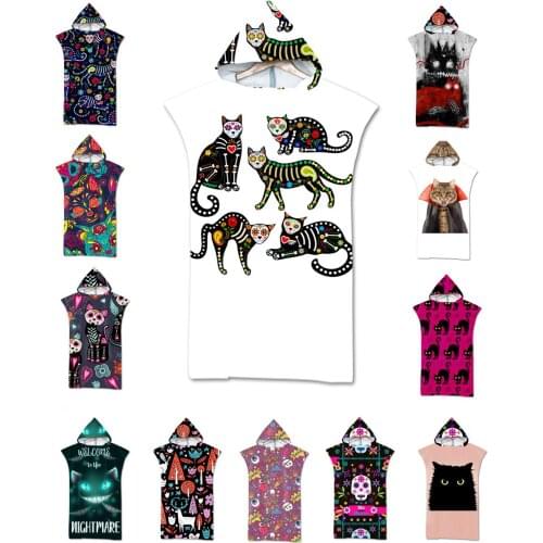 Free shipping Halloween Gift Jack O'Lantern Scary Cat Skeleton Sugar Skull Pattern Hooded Swim Surf Bath Beach Towel Poncho