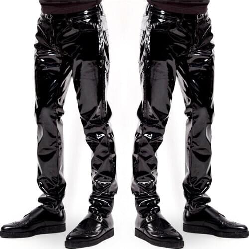 New Mens Elastic Faux Leather PVC Pants Motorcycle Ridding Black Slim Fit Dance Party Trousers Biker Leather Pants For Male
