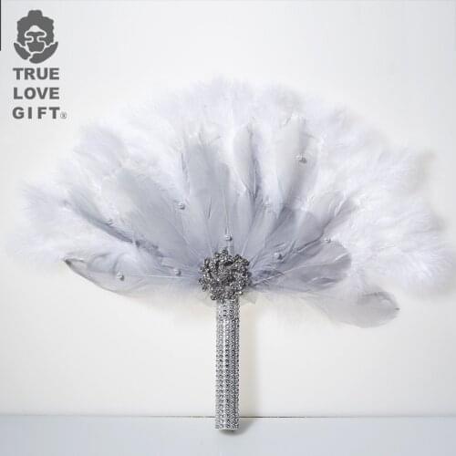 Pure White Custom Hand Fan with Feather Dance Fans Abanico De Mano with Sequin Stones Handmade Wedding Feather Bride Photo Props