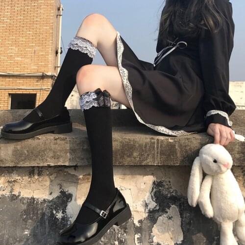 Women Girls Sweet Lolita Black White Knee High Socks Bowknot Ruffled Frilly Lace Trim Japanese Student Cotton Stockings