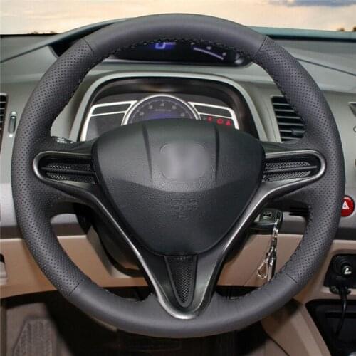 For Honda Civic 8 car black artificial leather hand-sewn steering wheel cover Anti-slip fit all season