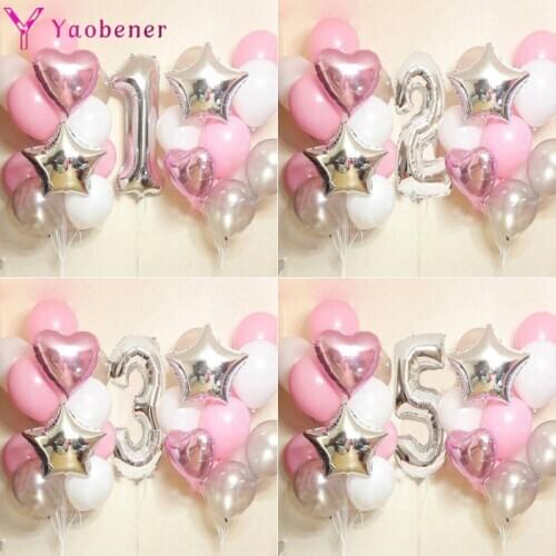 20pcs Silver Pink Number Foil Balloons 1st 2 3 4 5 6 7 8 9 Year Old Happy Birthday Princess Party Decorations Kids Girl Supplies