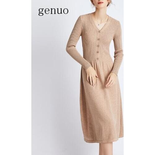 Genuo New 2020 Autumn Women Solid Color Dress Long-sleeved Button V Collar Mid-calf Dress Elegant OL Casual Dress