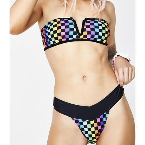 2019 Hot-sale Women Sexy Plaid Padded Wireless Backless Backless Slash Bikini Sets Swimsuits