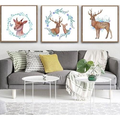HAOCHU Vintage Artwork Triptych Cartoon Deer Elk Wall Pictures Animal Print Canvas Painting Living Room Bedroom Decoration