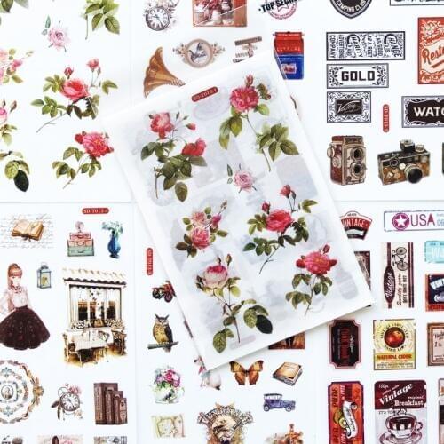 6 Sheets/Pack Cute Old-time Things Flowers Sticker Adhesive Craft Stick Label Notebook Computer DIY Decor Kids Gift Stationery