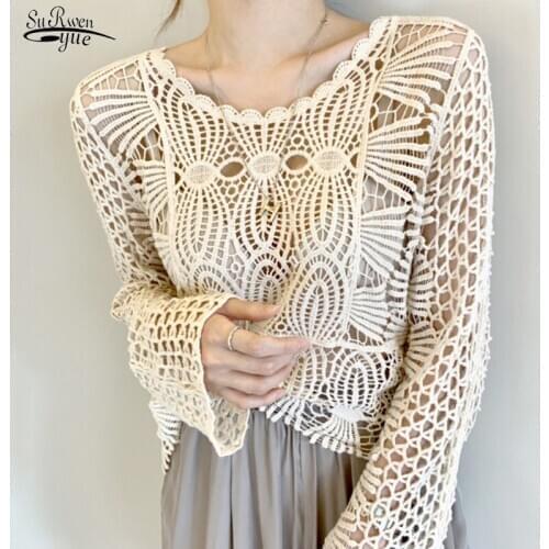 Korea Chic Elegant Long Sleeve Sunscreen Shirt Woman Round Neck Sweet Lace Hook Flower Hollow Design Joker Chemisier Femme 12693