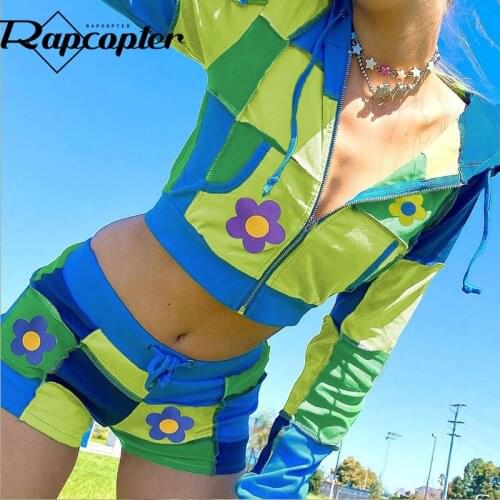 Rapcopter Floral y2k Two Pieces Sets Grunge Vintage Cute Tracksuits Long Sleeve Hoodies And Shorts Suits Women Autumn Sweats Set