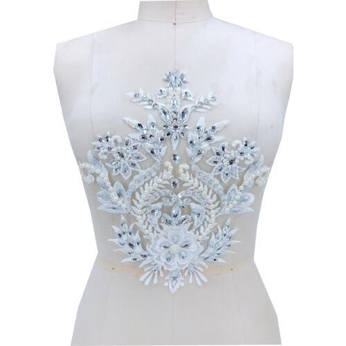 Handmade sequins Rhinestones peal ivory lace applique trim patches 30*25cm for dress skirt