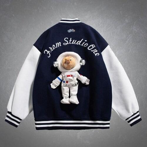 Autumn Patchwork Towel Embroidery Astronaut Doll Baseball Bomber Jacket Men Harajuku Casual College Style Oversize Couple Coats