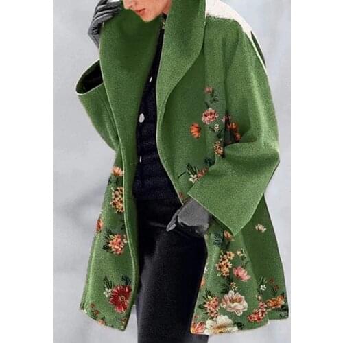 2021 hot-selling slim-fit woolen coat green collar temperament college printed lapel coat winter clothes for women