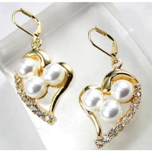 Fashionable and lovely gold plated heart shape + 8mm White Shell Pearl Earrings