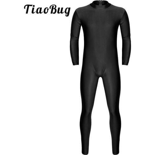TiaoBug Men One-piece Long Sleeve Skin-Tight Solid Color Ballet Gymnastics Leotard Unitard Bodysuit Adult Stage Dance Costumes