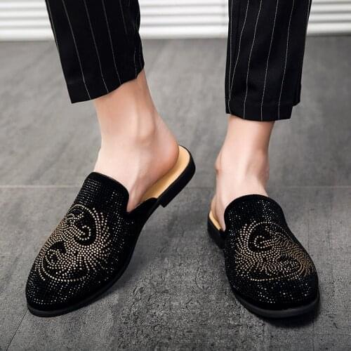 New Rhinestone mens casual shoes brand fashion mens half slippers comfortable flat shoes mens half slippers lazy shoes E37-44