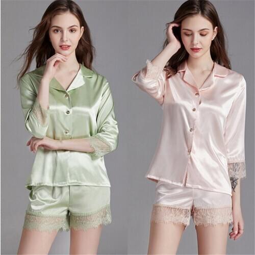 Sexy homewear new pajamas female lace thin spring and summer shorts suit temperament bathrobe Sleepwear lounge set 2020
