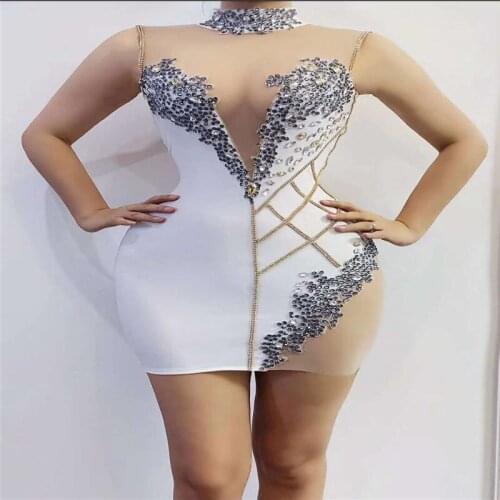 V58 Sexy female pole dance stage costumes mesh rhinestones white skirt stretch crystal outfit drill dress women bar party wear
