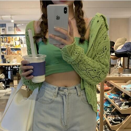 Green Hollow out Knitted Cardigan 2 Piece Set Women Spring Autumn 2021 Cropped Camisole Short Tops Long Sleeve Camis Ribbed Suit