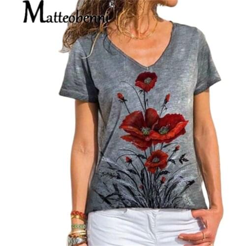 Summer T-Shirt Floral Print Pullover Tops Women Casual Short Sleeve V-Neck Loose Vintage T-Shirt Plus Size Femme Fashion Clothes