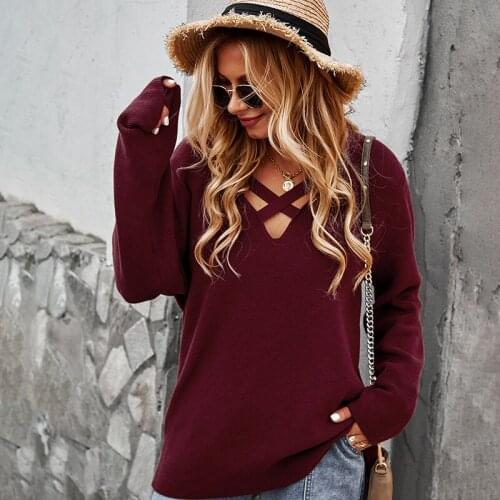 2021 Autumn Vneck Crossover Design Knitted Shirt Fashion Long Sleeve Women Chic Pullovers Tops Pure Color Commute Top Outfit