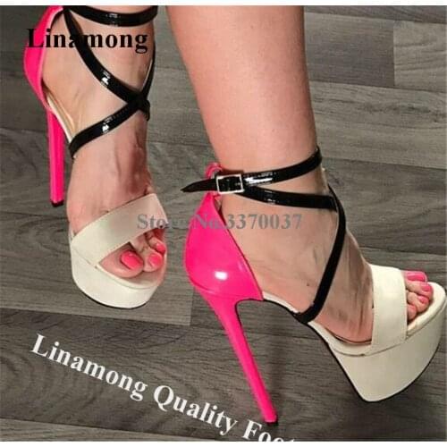 Linamong Women Charming Pacthwork High Platform Stiletto Heel Sandals Rose Red Beige Black Mixed-colors High Heel Sandals Heels