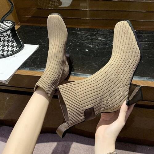Winter Stretch Fabric Shoes Boots For Women 2021 Breathable 6cm High Square Heel Square Toe Solid Ankle Slip-On Female Footweaar