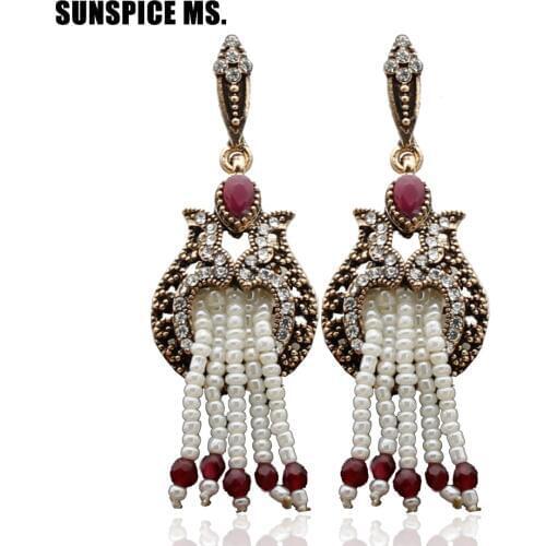 New Vintage Turkish Women Beaded Long Hook Flower Earrings Antique Gold Color Bead Tassels Bridal Earrings India Wedding Jewelry