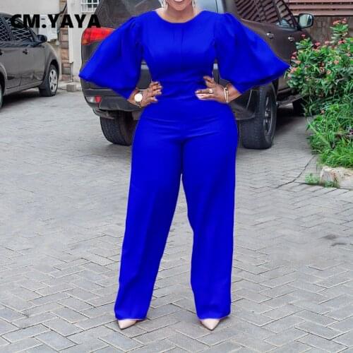 CM.YAYA Women Jumpsuit Solid Short Puff Sleeve O-neck Loose Wide Leg Jumpsuits Fashion One Piece Overalls Casual Outfit Summer