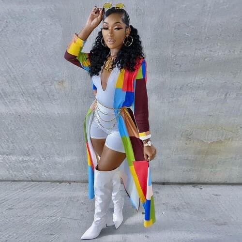 Rainbow Color Block Plaid Spliced Long Coat for Women Spring Autumn Long Sleeve Outwear Clothing Streetwear Ankle Length Jacket