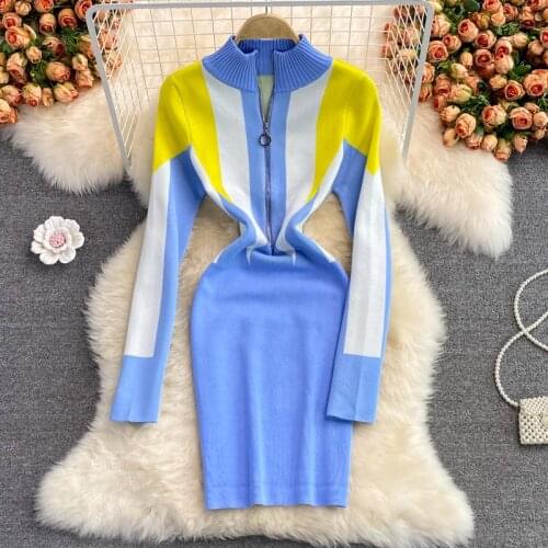 SINGREINY Women Korean Knitted Dress Zipper Stand Collar Long Sleeve Slim Sheath Dress Autumn Winter Bodycon Warm Sweater Dress
